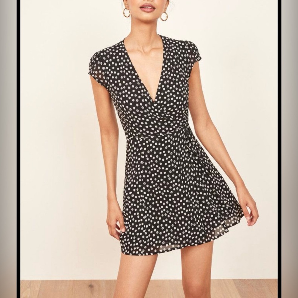 Reformation Dawn Black and White Tiny Floral Polka Dot Mini Dress